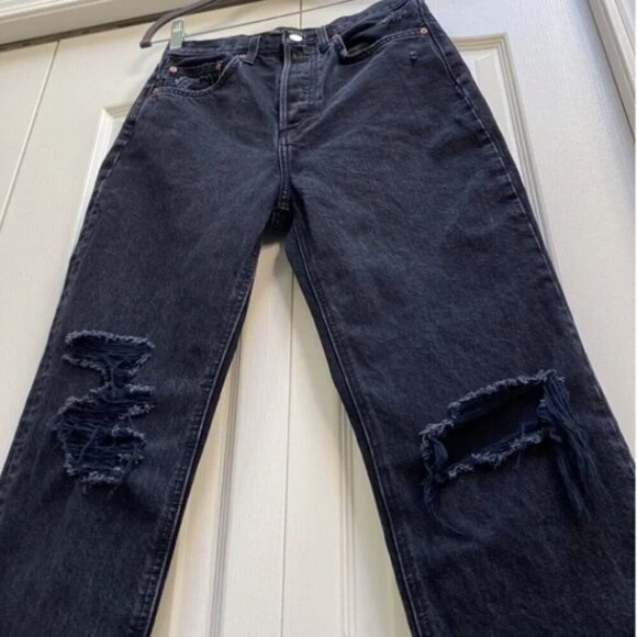 ARITZIA DENIM FORUM Joni Hi-Rise Loose Jean Black Wash Distress Rips 25x29L - Picture 7 of 16